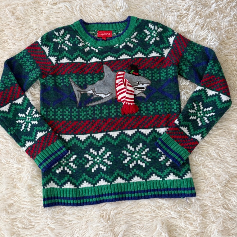 Joyland Shark Christmas Sweater Kids M Green Red Ugly Holiday‎ Winter Outfit